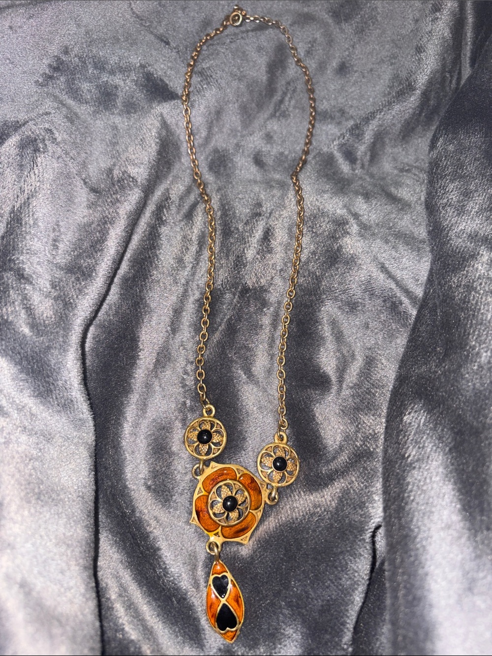 Vintage Renaissance Revival Necklace Women OS Gold Orange Good Enameled Floral